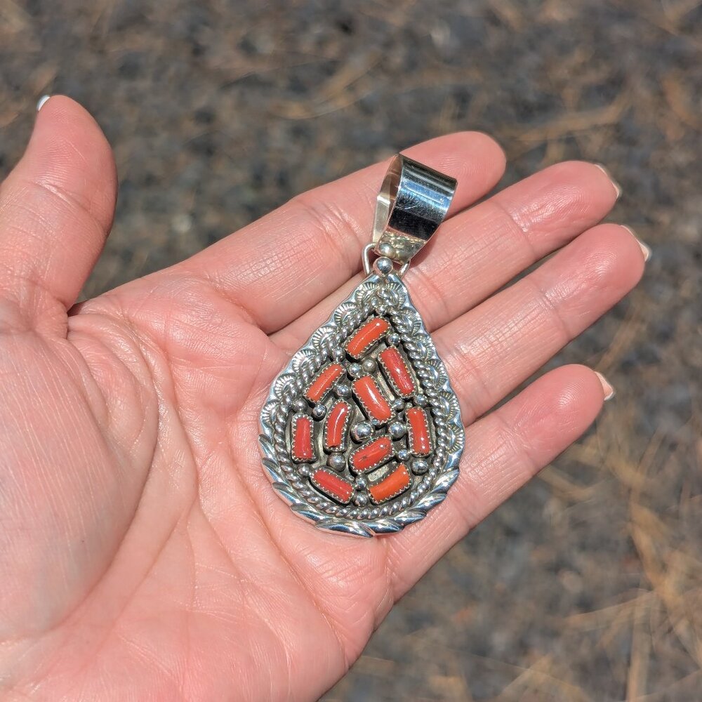 Native American Sterling Silver Red Coral Cluster Pendant Teardrop Shape **